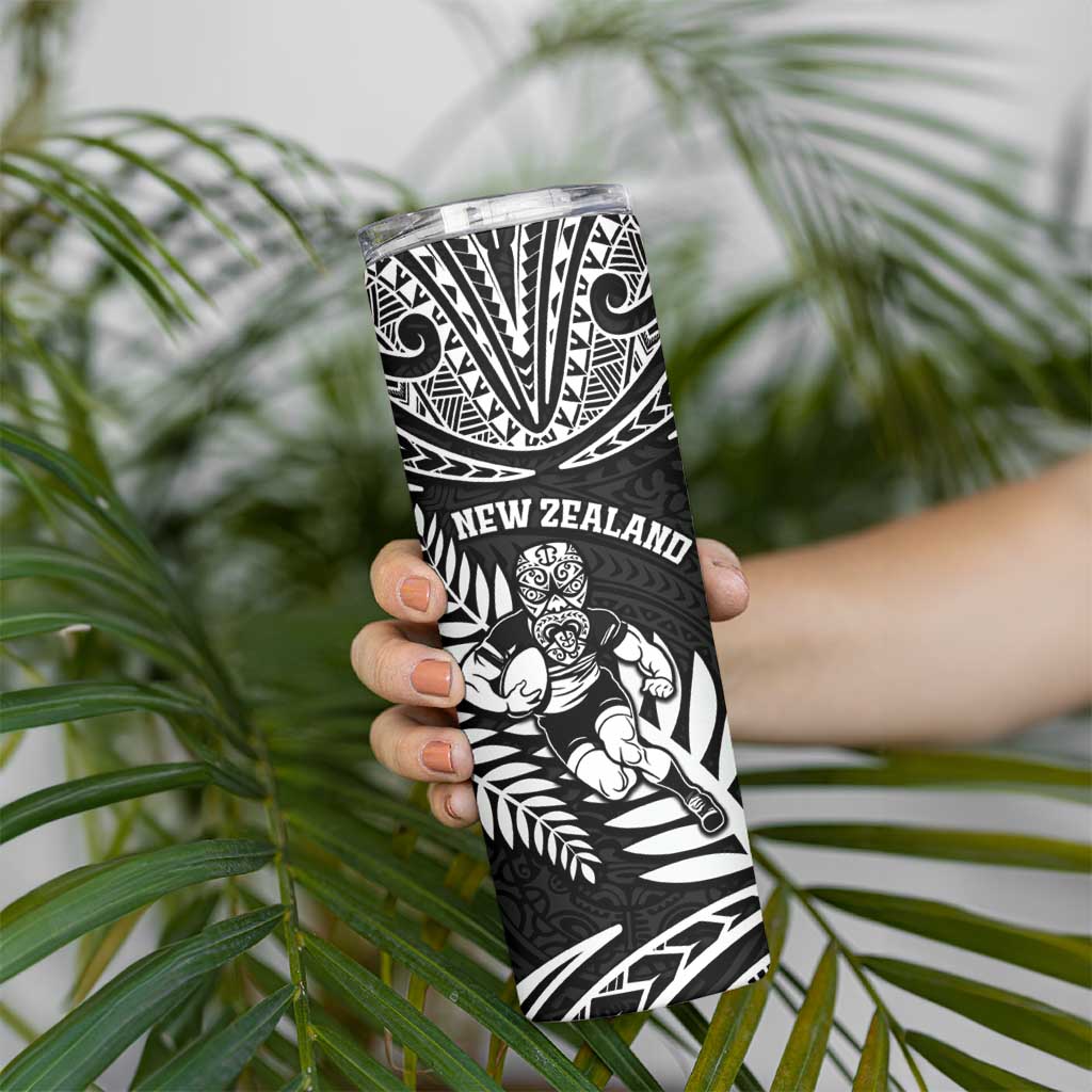 Custom New Zealand Rugby Skinny Tumbler Silver Fern Maori Pattern