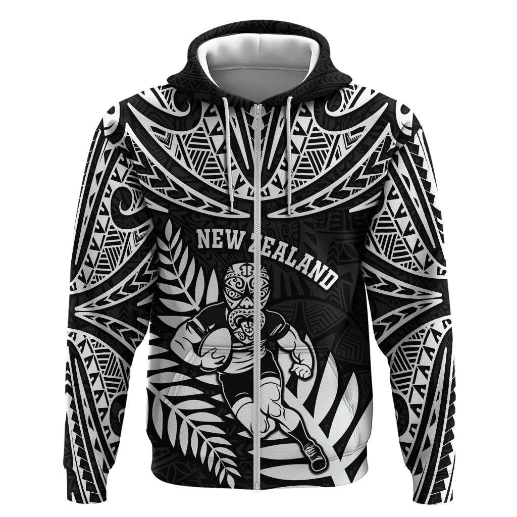 Custom New Zealand Rugby Zip Hoodie Silver Fern Maori Pattern