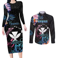 Personalised Hawaii Couples Matching Long Sleeve Bodycon Dress and Long Sleeve Button Shirt Kanaka Maoli With Fish Hook