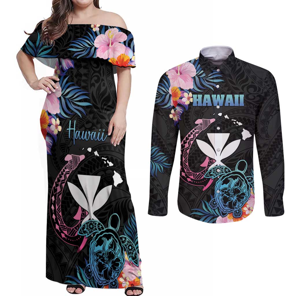 Personalised Hawaii Couples Matching Off Shoulder Maxi Dress and Long Sleeve Button Shirt Kanaka Maoli With Fish Hook