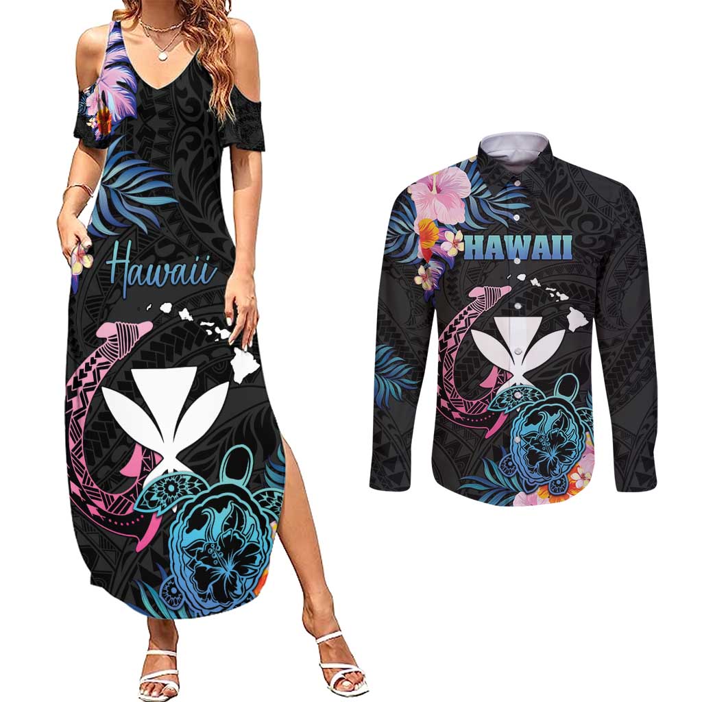 Personalised Hawaii Couples Matching Summer Maxi Dress and Long Sleeve Button Shirt Kanaka Maoli With Fish Hook