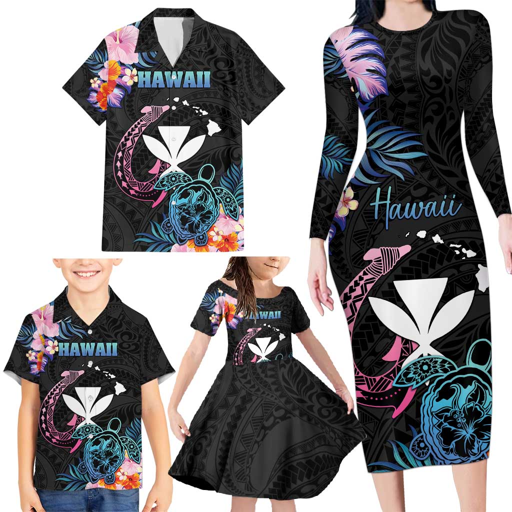 Personalised Hawaii Family Matching Long Sleeve Bodycon Dress and Hawaiian Shirt Kanaka Maoli With Fish Hook