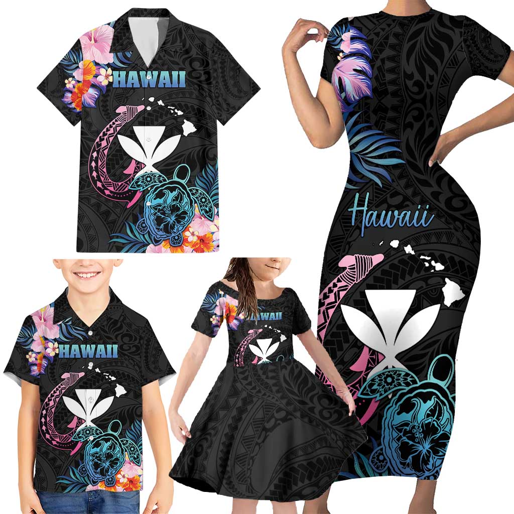 Personalised Hawaii Family Matching Short Sleeve Bodycon Dress and Hawaiian Shirt Kanaka Maoli With Fish Hook