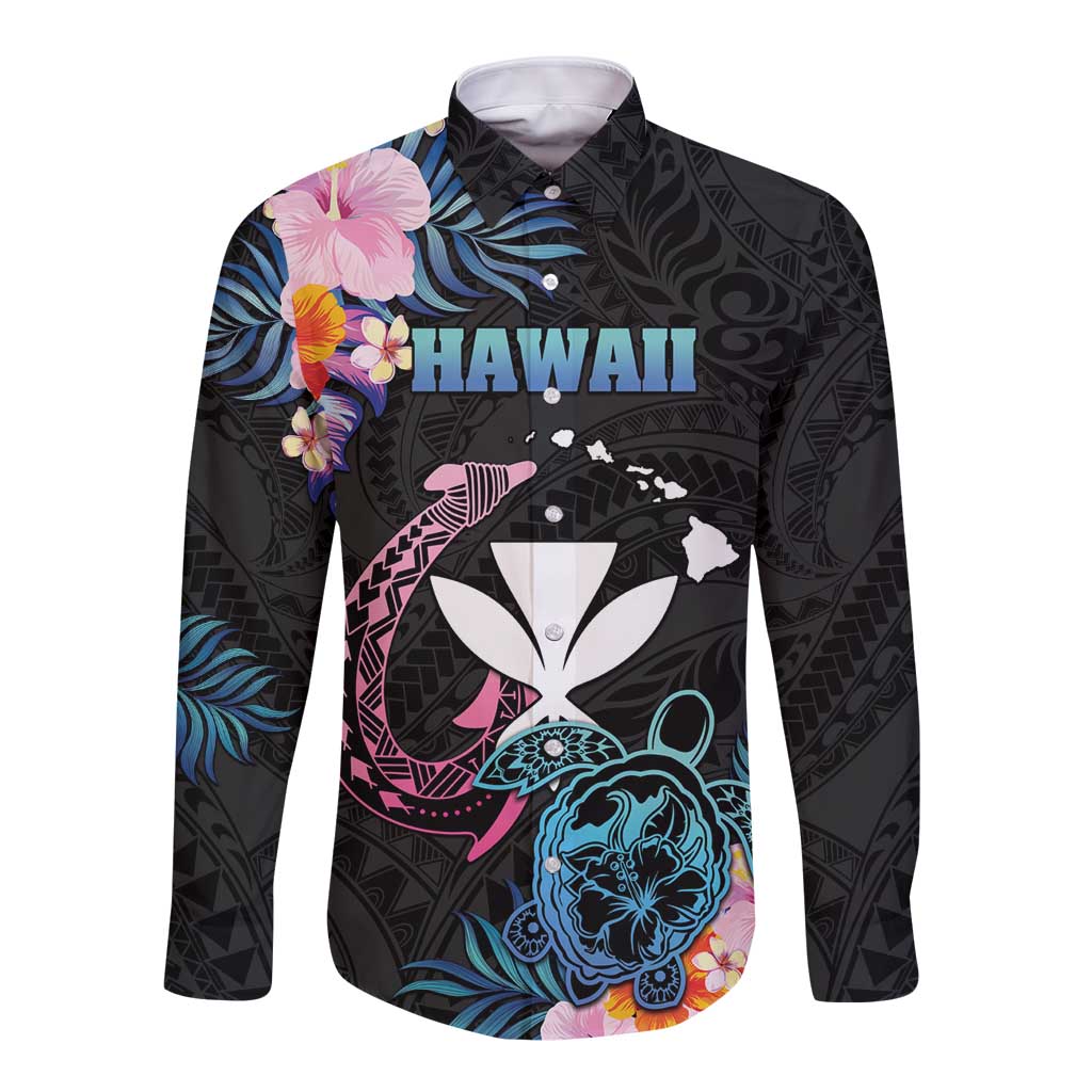 Personalised Hawaii Long Sleeve Button Shirt Kanaka Maoli With Fish Hook