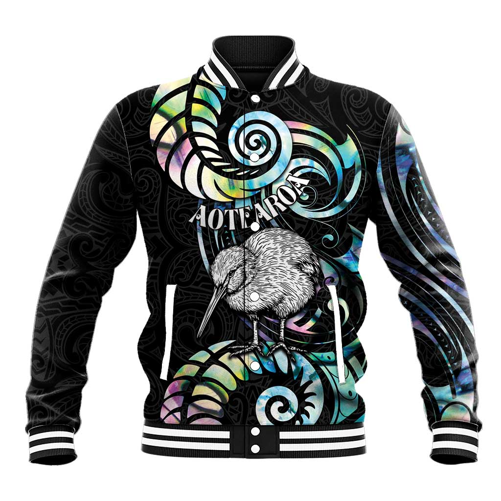 New Zealand Kiwi Bird Baseball Jacket Silver Fern Koru Paua Shell