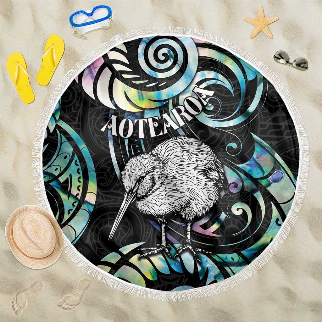 New Zealand Kiwi Bird Beach Blanket Silver Fern Koru Paua Shell