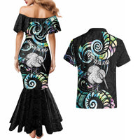 New Zealand Kiwi Bird Couples Matching Mermaid Dress and Hawaiian Shirt Silver Fern Koru Paua Shell