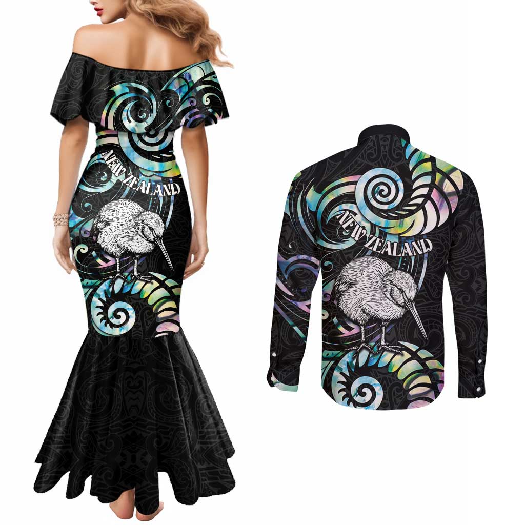 New Zealand Kiwi Bird Couples Matching Mermaid Dress and Long Sleeve Button Shirt Silver Fern Koru Paua Shell