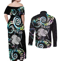 New Zealand Kiwi Bird Couples Matching Off Shoulder Maxi Dress and Long Sleeve Button Shirt Silver Fern Koru Paua Shell