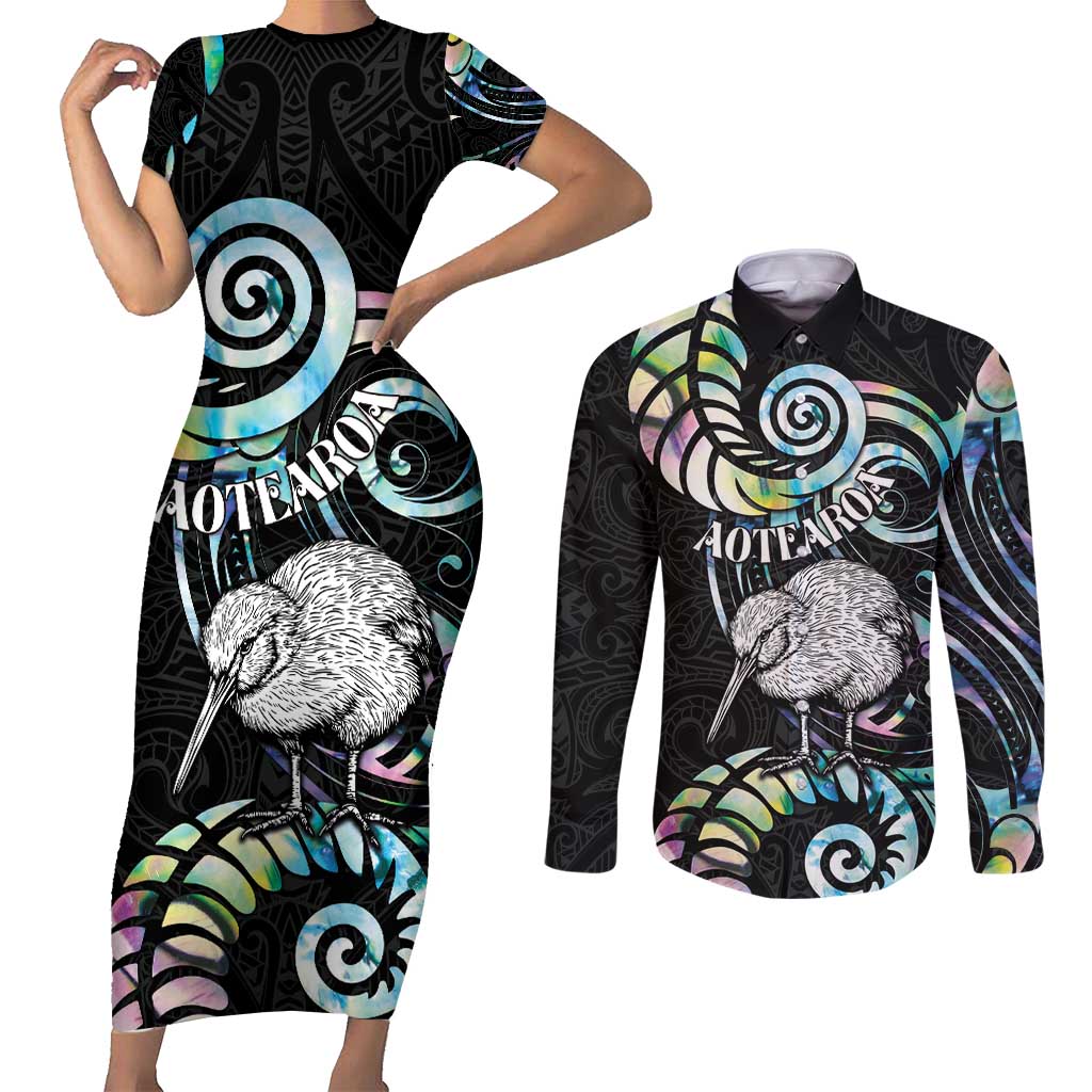 New Zealand Kiwi Bird Couples Matching Short Sleeve Bodycon Dress and Long Sleeve Button Shirt Silver Fern Koru Paua Shell