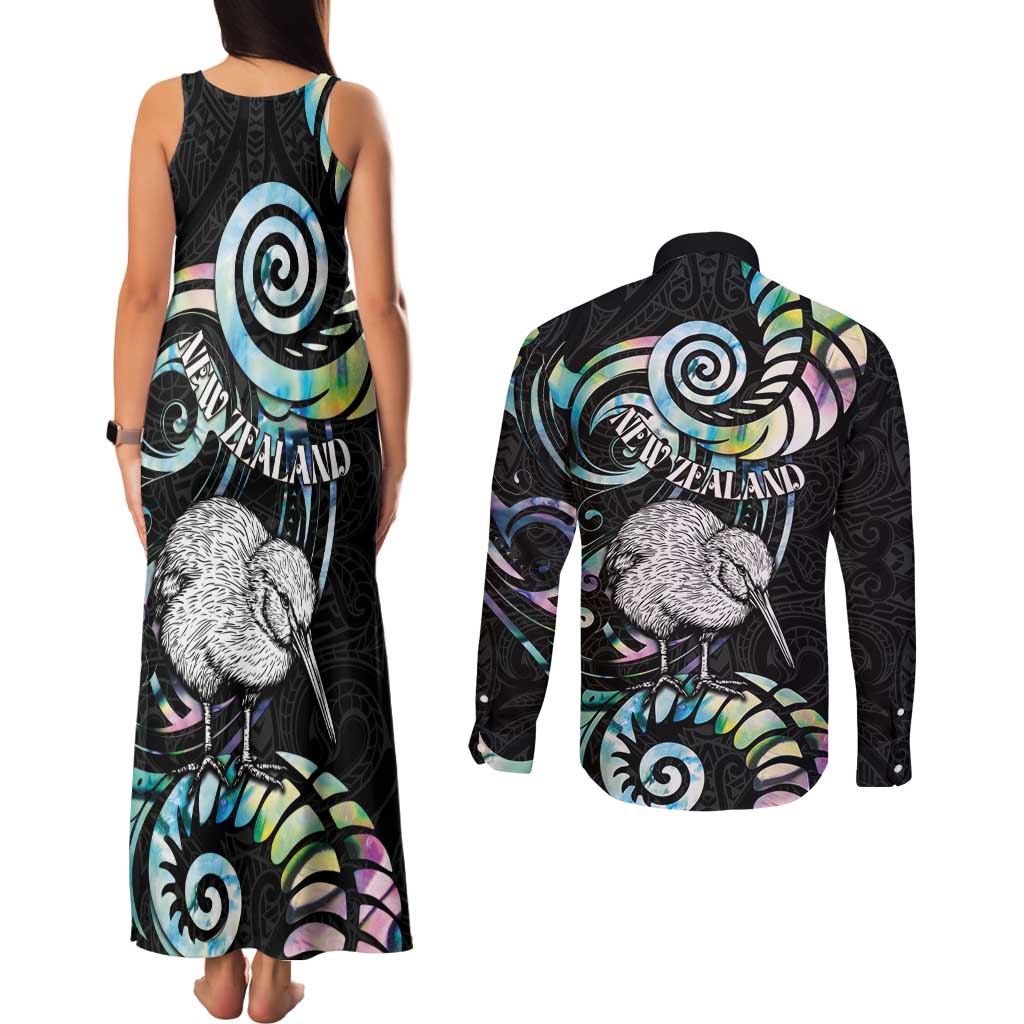New Zealand Kiwi Bird Couples Matching Tank Maxi Dress and Long Sleeve Button Shirt Silver Fern Koru Paua Shell