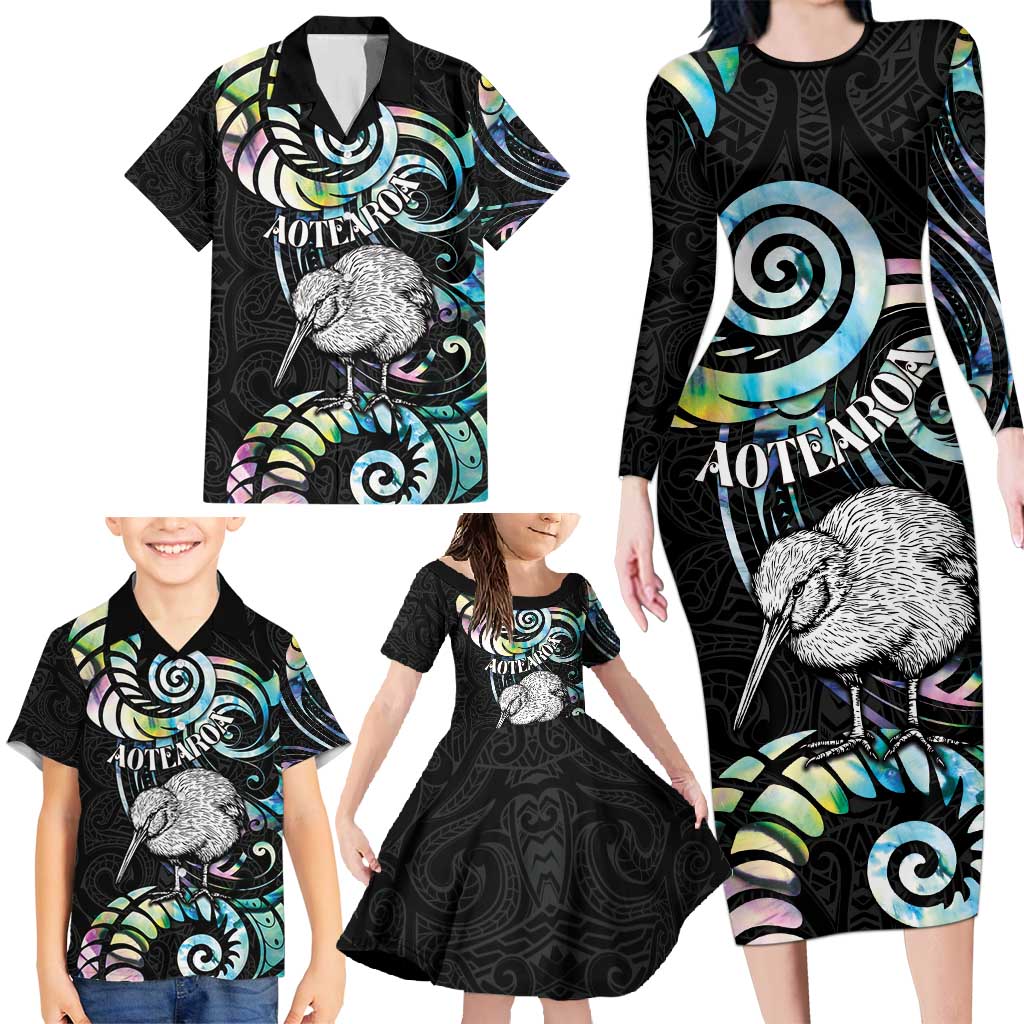 New Zealand Kiwi Bird Family Matching Long Sleeve Bodycon Dress and Hawaiian Shirt Silver Fern Koru Paua Shell