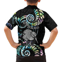 New Zealand Kiwi Bird Family Matching Off The Shoulder Long Sleeve Dress and Hawaiian Shirt Silver Fern Koru Paua Shell