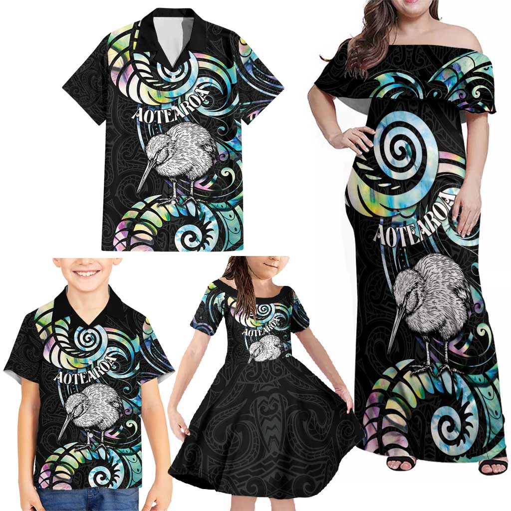 New Zealand Kiwi Bird Family Matching Off Shoulder Maxi Dress and Hawaiian Shirt Silver Fern Koru Paua Shell