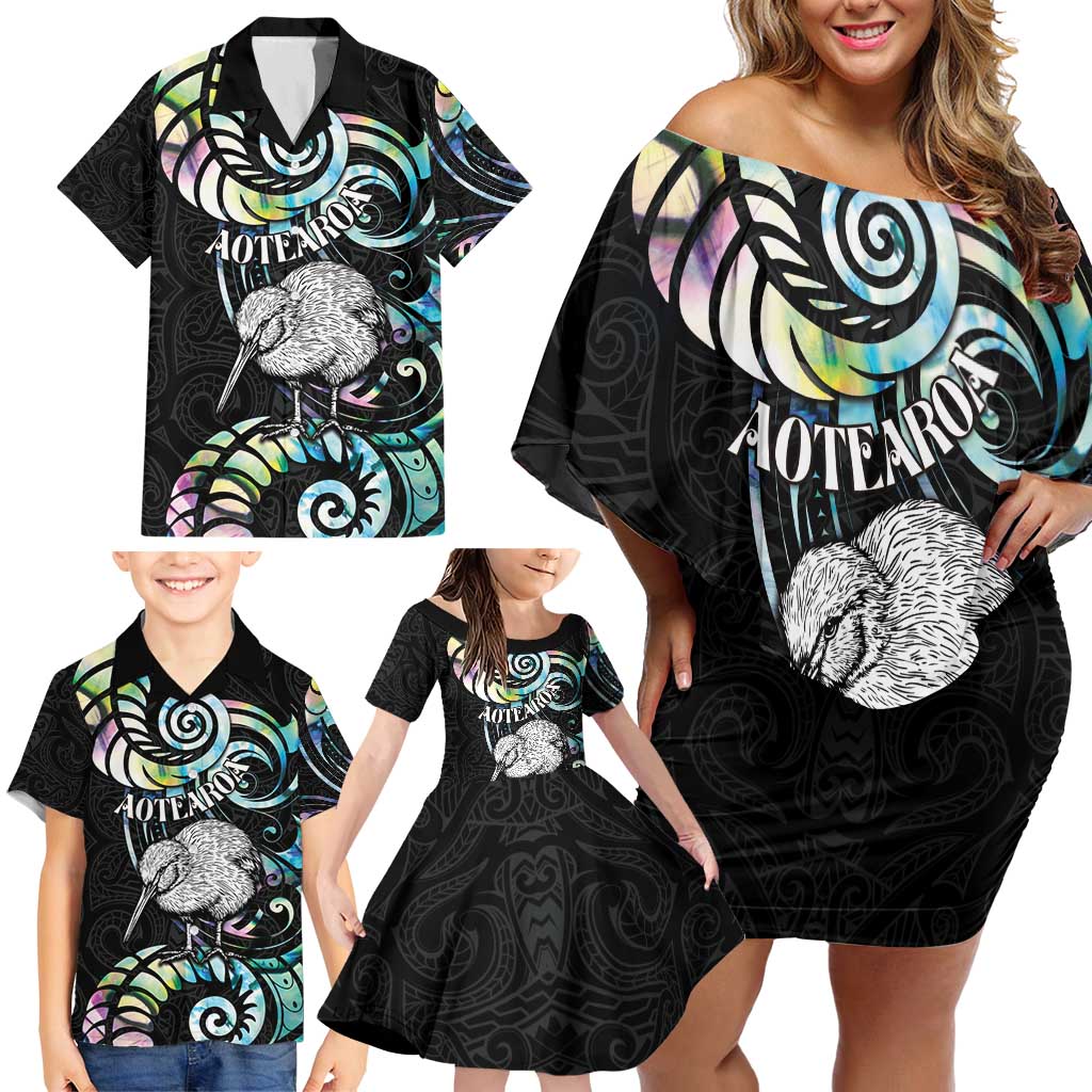 New Zealand Kiwi Bird Family Matching Off Shoulder Short Dress and Hawaiian Shirt Silver Fern Koru Paua Shell