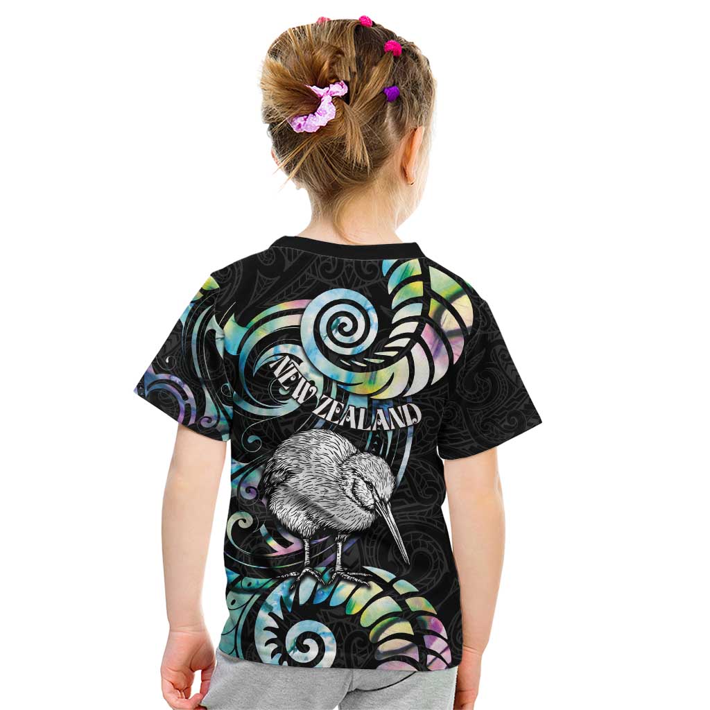 New Zealand Kiwi Bird Kid T Shirt Silver Fern Koru Paua Shell