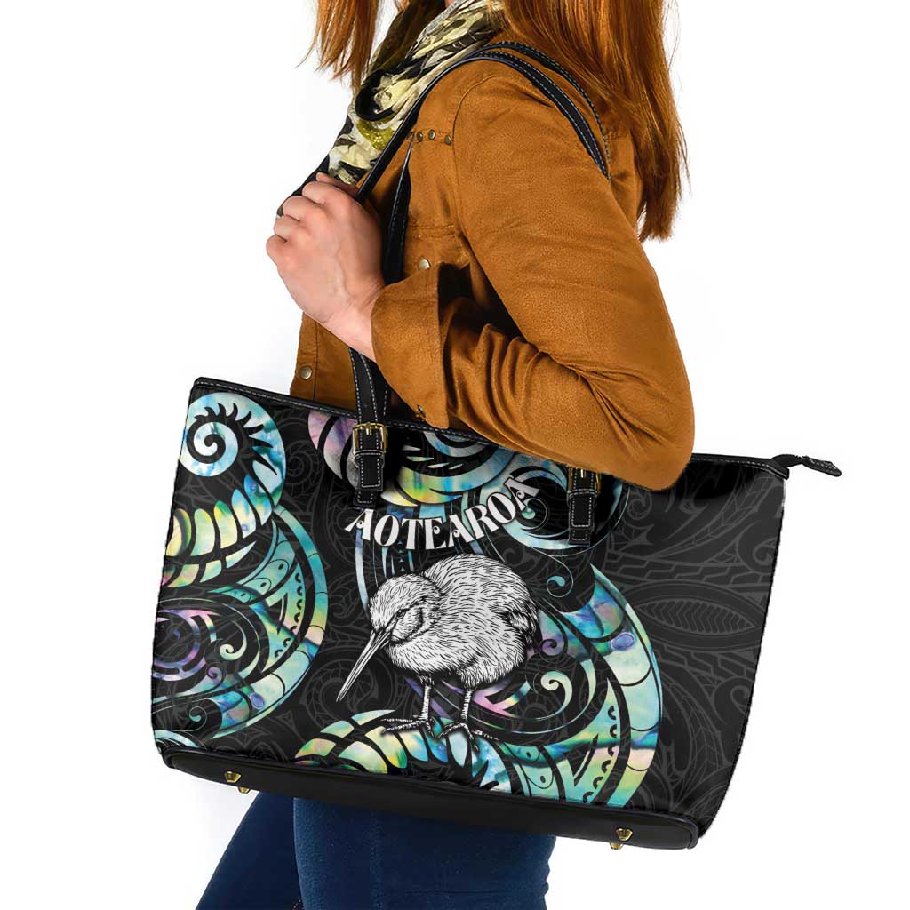 New Zealand Kiwi Bird Leather Tote Bag Silver Fern Koru Paua Shell