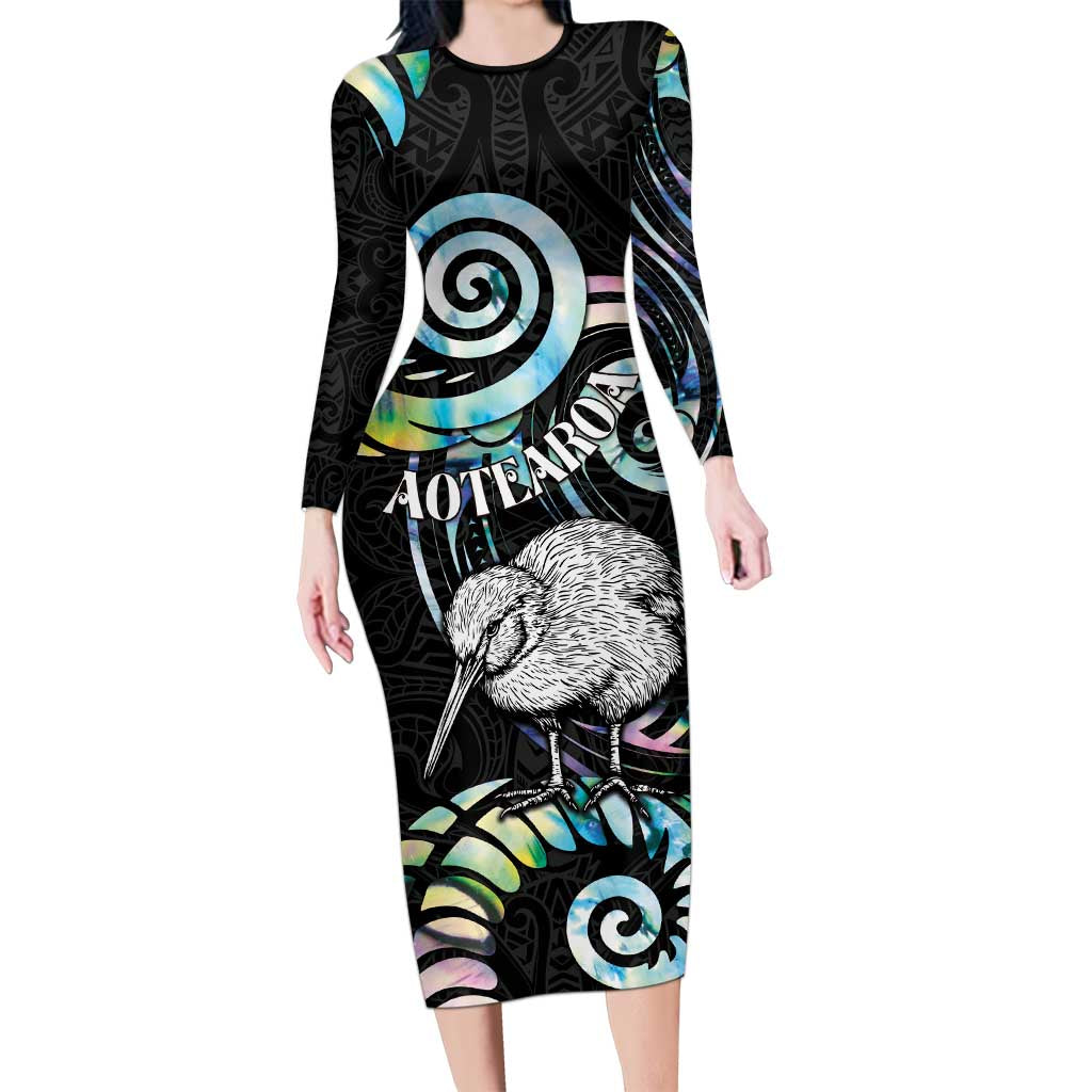 New Zealand Kiwi Bird Long Sleeve Bodycon Dress Silver Fern Koru Paua Shell