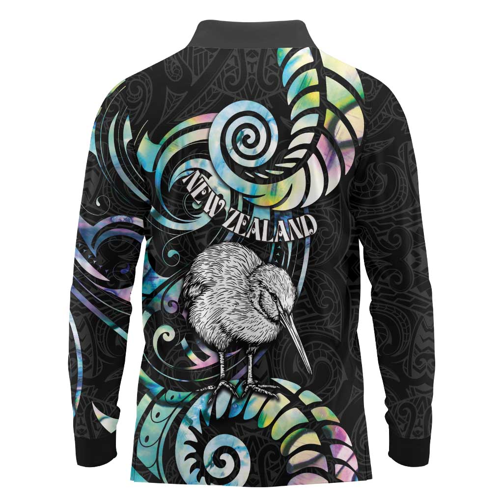 New Zealand Kiwi Bird Long Sleeve Polo Shirt Silver Fern Koru Paua Shell
