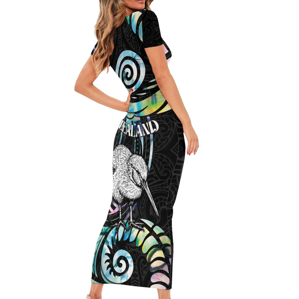New Zealand Kiwi Bird Short Sleeve Bodycon Dress Silver Fern Koru Paua Shell