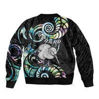 New Zealand Kiwi Bird Sleeve Zip Bomber Jacket Silver Fern Koru Paua Shell