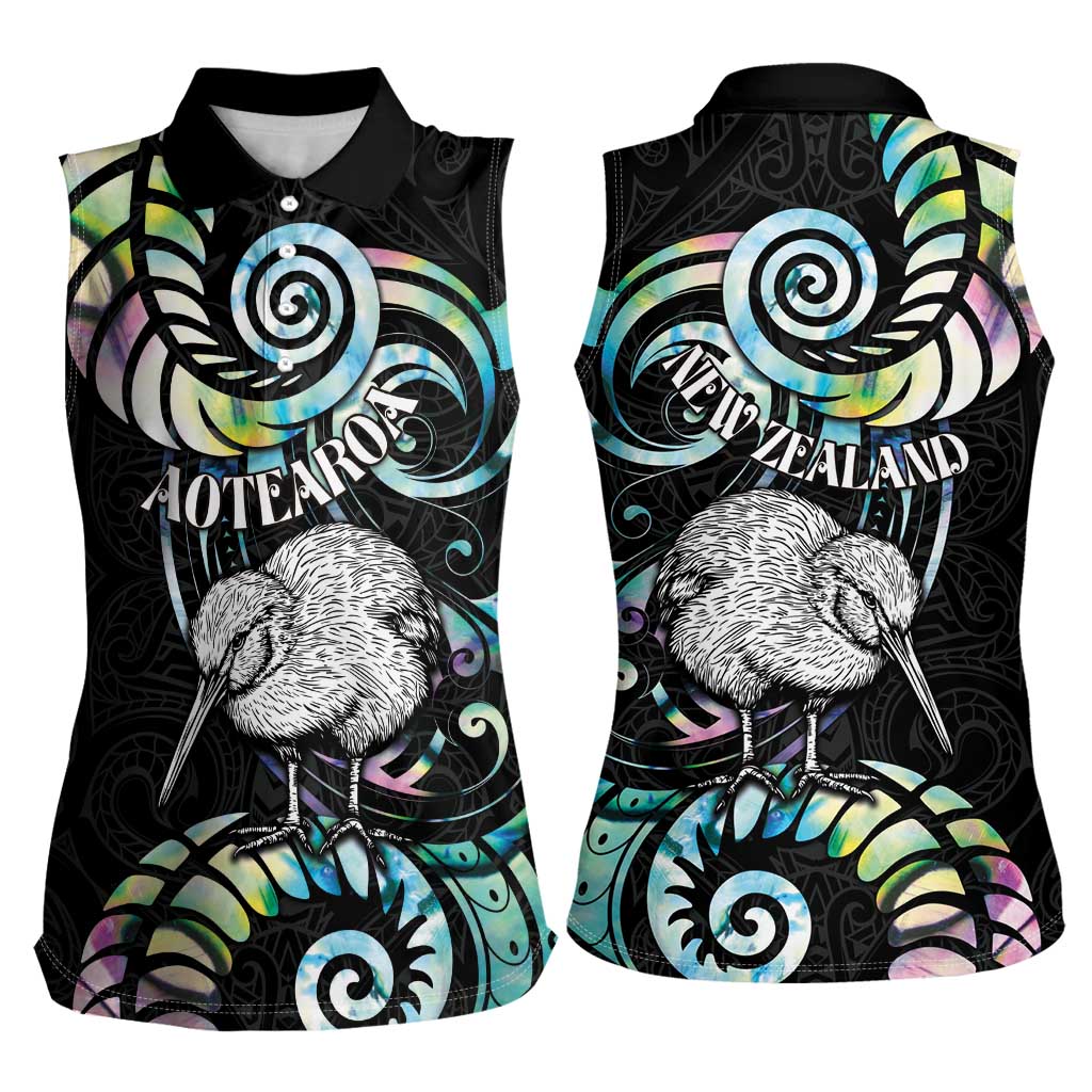 New Zealand Kiwi Bird Women Sleeveless Polo Shirt Silver Fern Koru Paua Shell