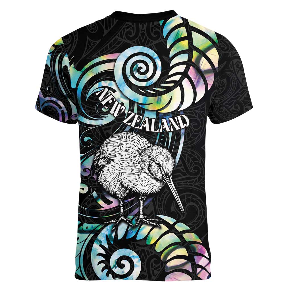 New Zealand Kiwi Bird Women V-Neck T-Shirt Silver Fern Koru Paua Shell