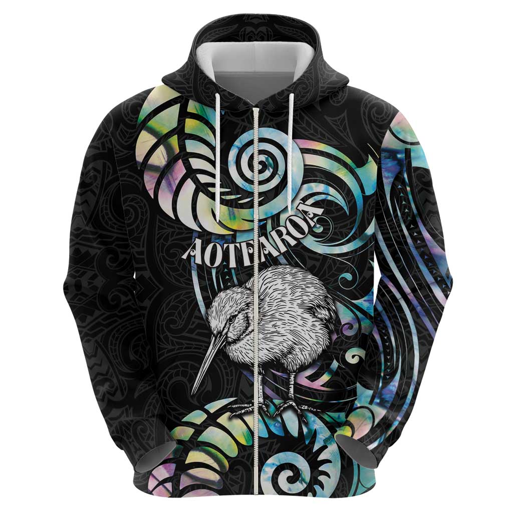 New Zealand Kiwi Bird Zip Hoodie Silver Fern Koru Paua Shell