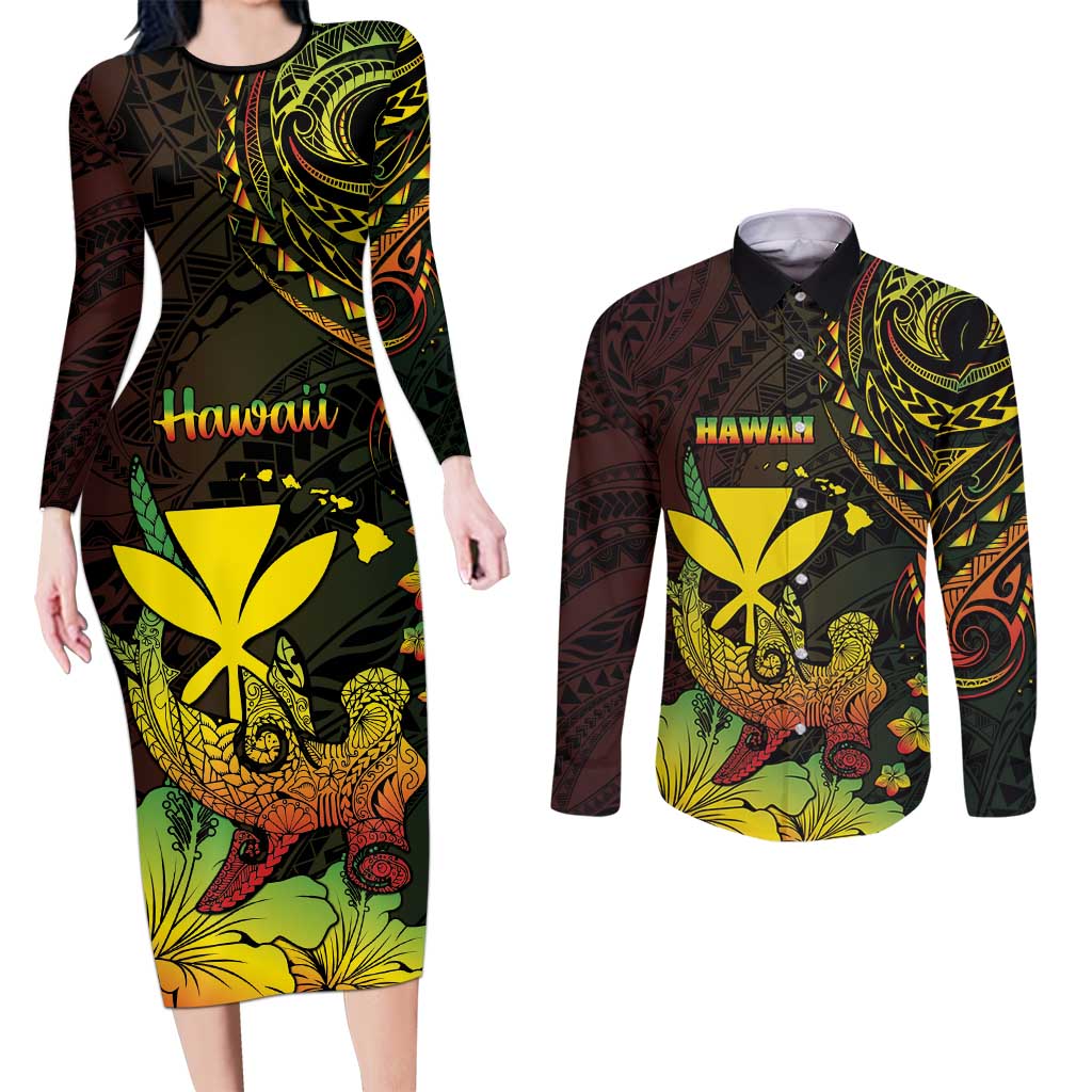 Personalised Hawaii Couples Matching Long Sleeve Bodycon Dress and Long Sleeve Button Shirt Kanaka Maoli With Hammerhead Shark