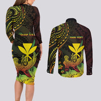 Personalised Hawaii Couples Matching Long Sleeve Bodycon Dress and Long Sleeve Button Shirt Kanaka Maoli With Hammerhead Shark