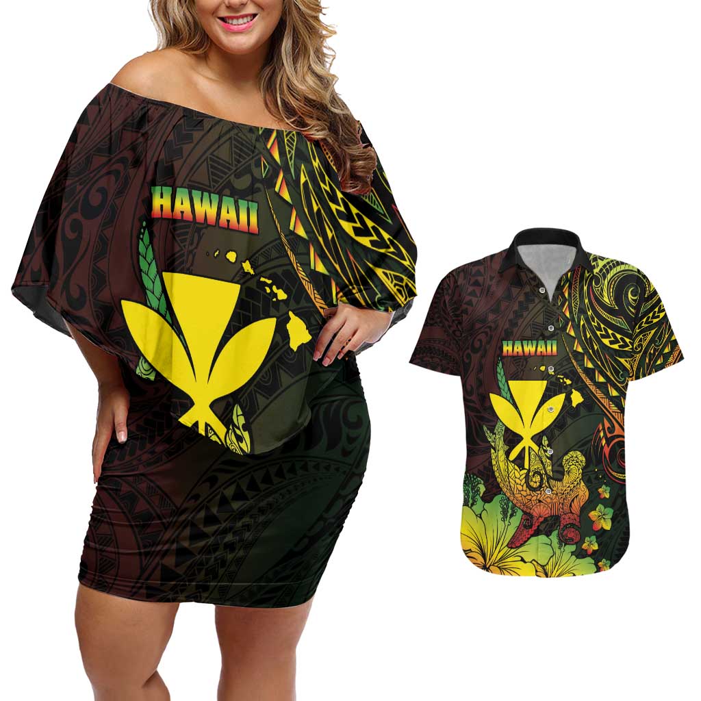 Personalised Hawaii Couples Matching Off Shoulder Short Dress and Hawaiian Shirt Kanaka Maoli With Hammerhead Shark