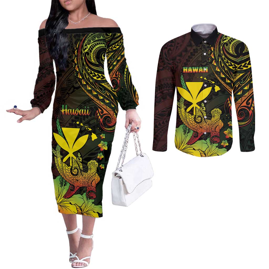 Personalised Hawaii Couples Matching Off The Shoulder Long Sleeve Dress and Long Sleeve Button Shirt Kanaka Maoli With Hammerhead Shark