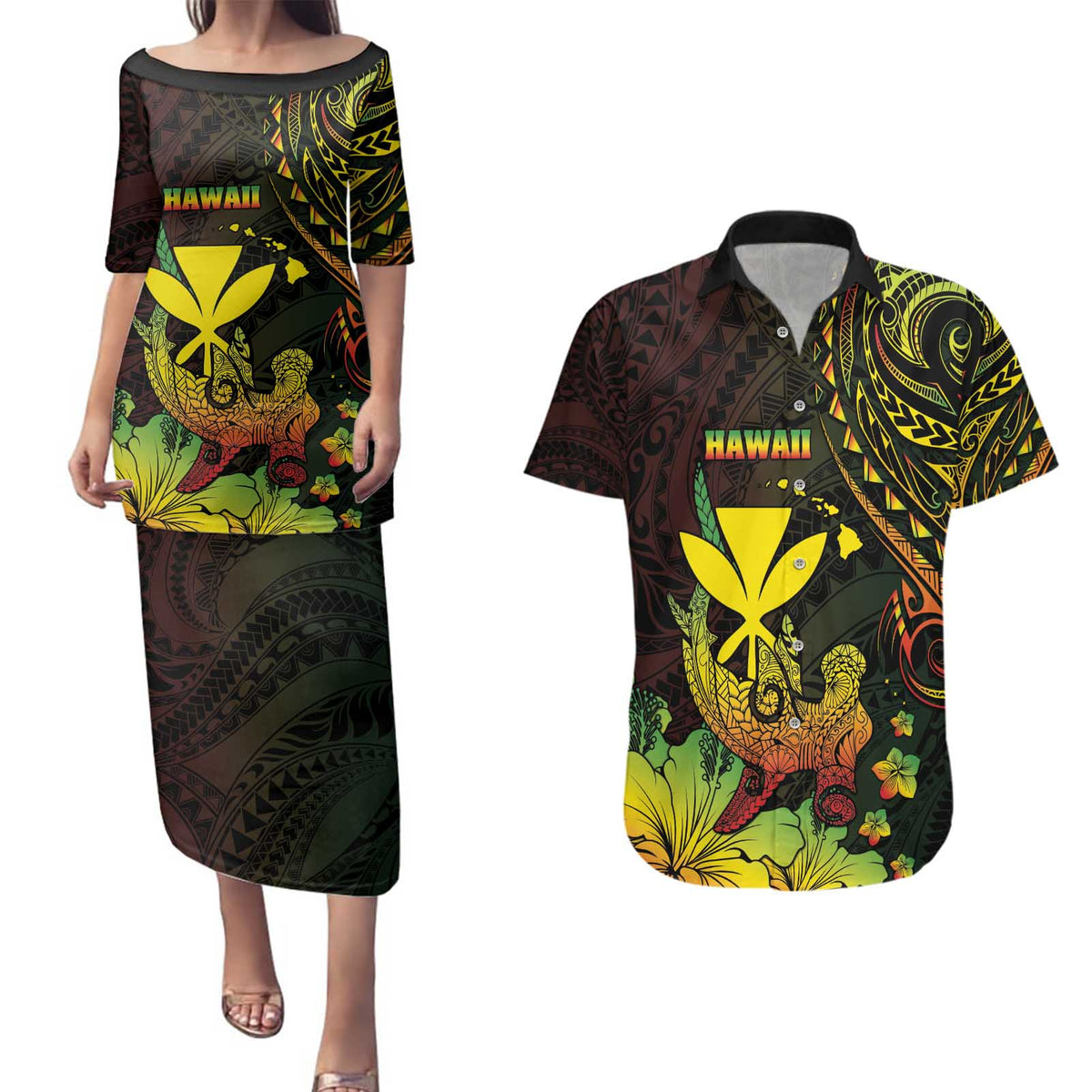 Personalised Hawaii Couples Matching Puletasi and Hawaiian Shirt Kanaka Maoli With Hammerhead Shark