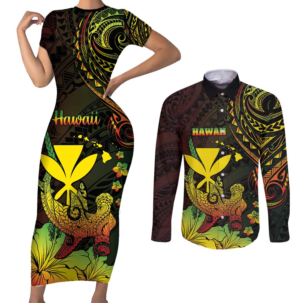 Personalised Hawaii Couples Matching Short Sleeve Bodycon Dress and Long Sleeve Button Shirt Kanaka Maoli With Hammerhead Shark