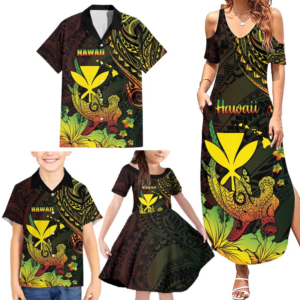 Personalised Hawaii Family Matching Summer Maxi Dress and Hawaiian Shirt Kanaka Maoli With Hammerhead Shark