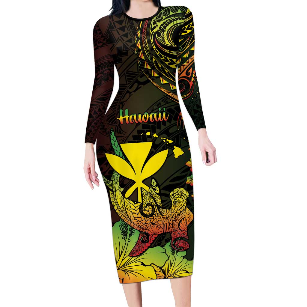 Personalised Hawaii Long Sleeve Bodycon Dress Kanaka Maoli With Hammerhead Shark