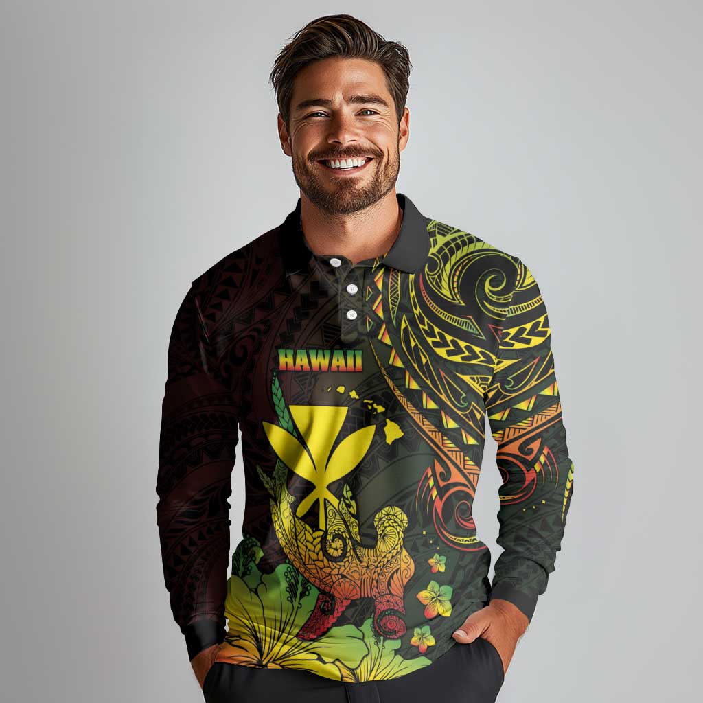 Personalised Hawaii Long Sleeve Polo Shirt Kanaka Maoli With Hammerhead Shark