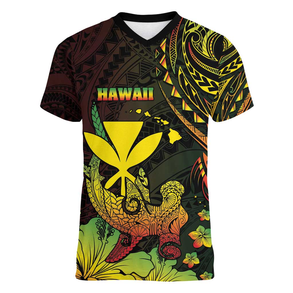 Personalised Hawaii Women V-Neck T-Shirt Kanaka Maoli With Hammerhead Shark