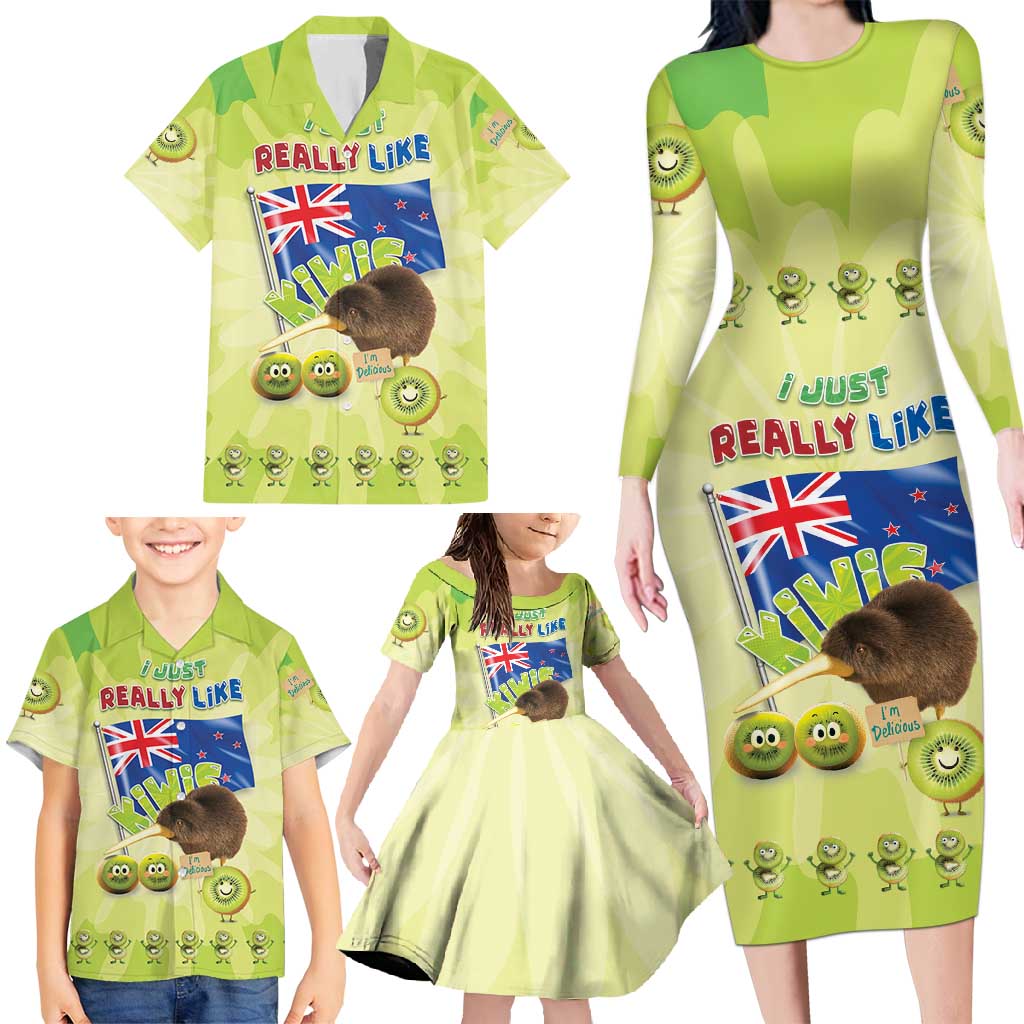 New Zealand Kiwi Family Matching Long Sleeve Bodycon Dress and Hawaiian Shirt I Just Really Like Kiwis
