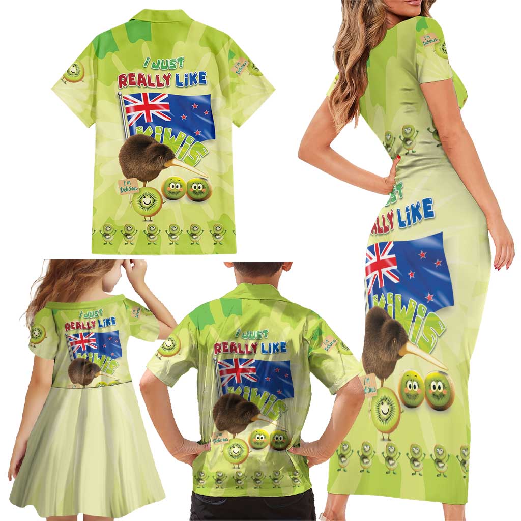New Zealand Kiwi Family Matching Short Sleeve Bodycon Dress and Hawaiian Shirt I Just Really Like Kiwis
