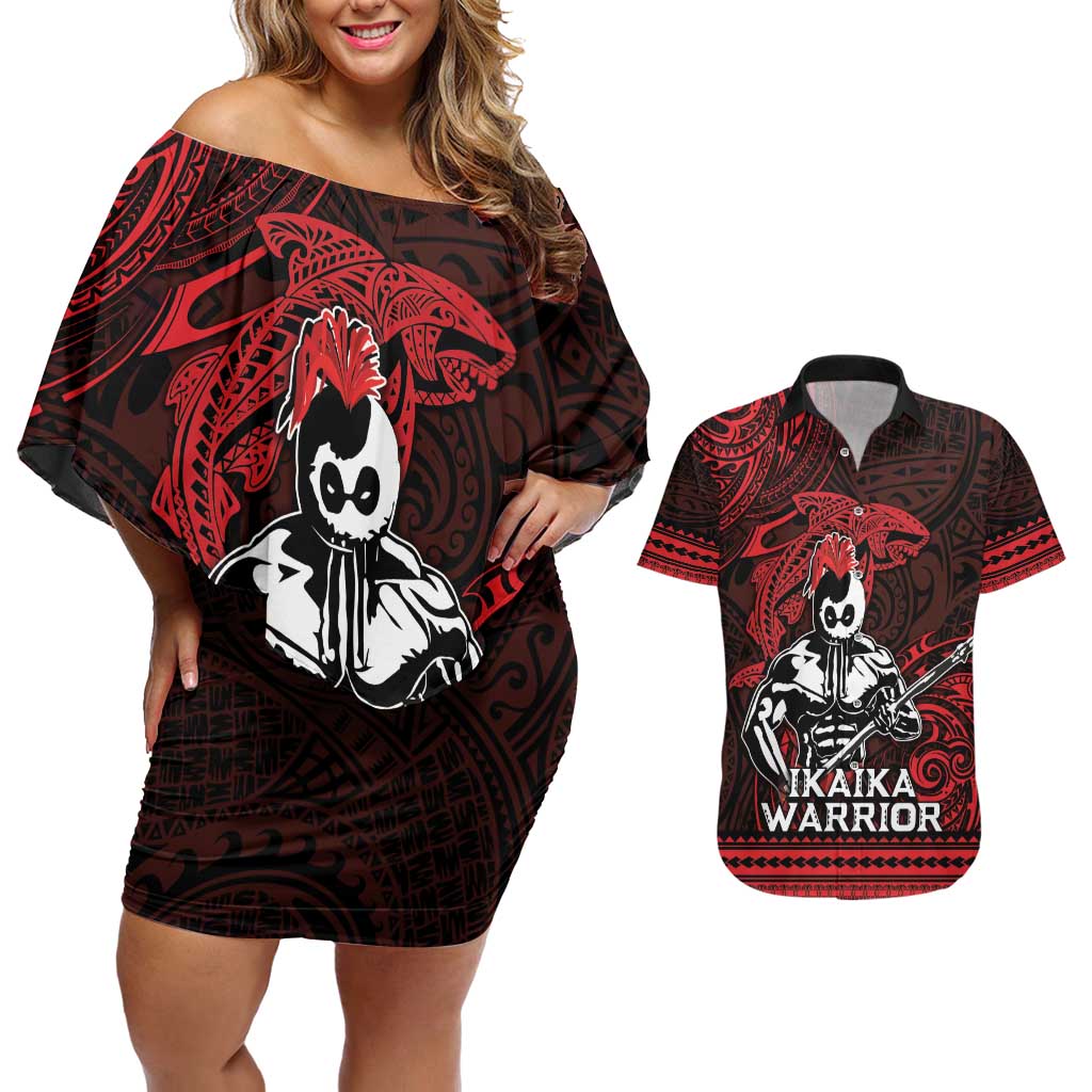 Hawaii Ikaika Warrior Couples Matching Off Shoulder Short Dress and Hawaiian Shirt Hawaiian Tribal Tattoo