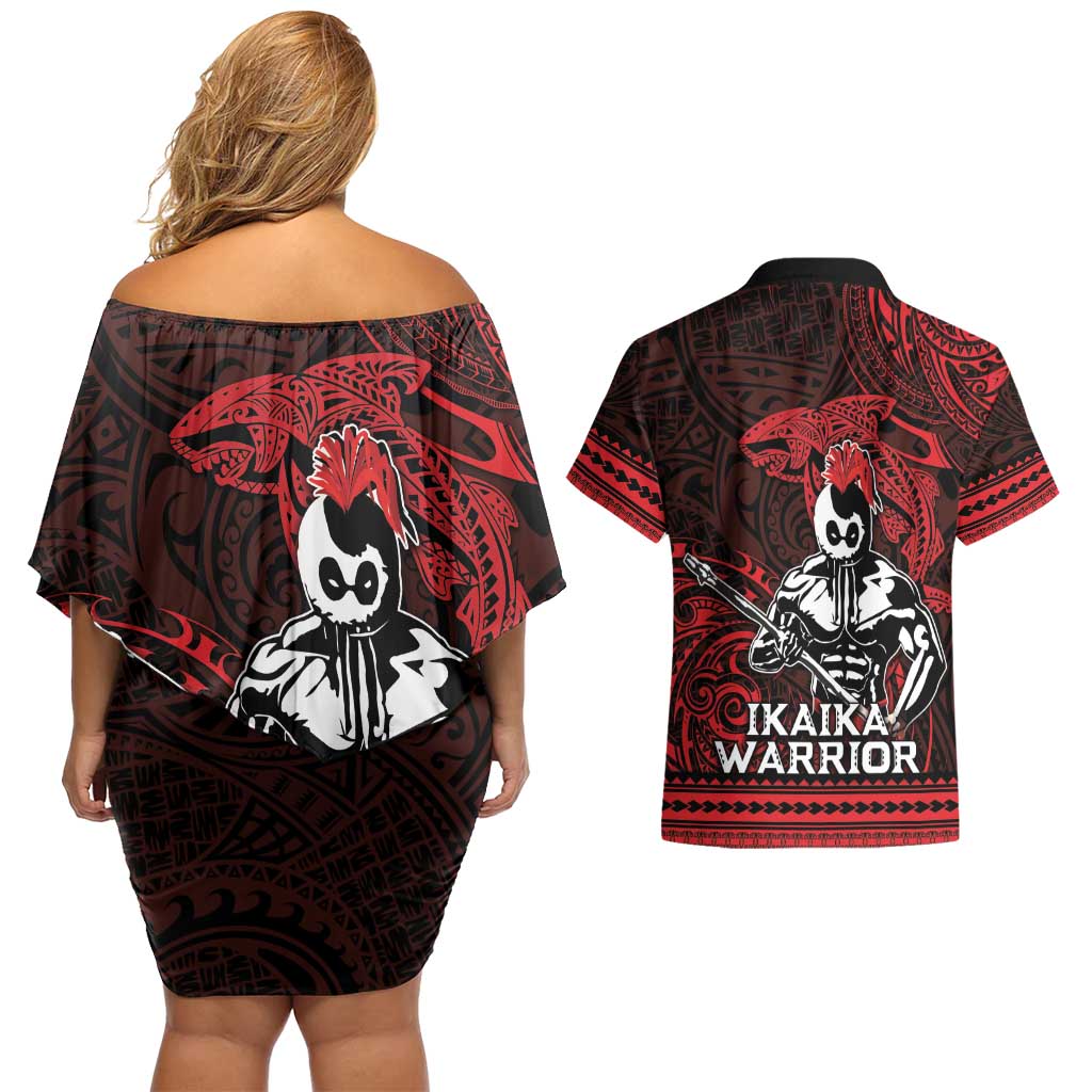 Hawaii Ikaika Warrior Couples Matching Off Shoulder Short Dress and Hawaiian Shirt Hawaiian Tribal Tattoo