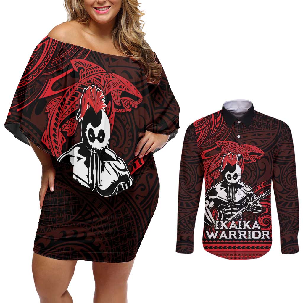 Hawaii Ikaika Warrior Couples Matching Off Shoulder Short Dress and Long Sleeve Button Shirt Hawaiian Tribal Tattoo