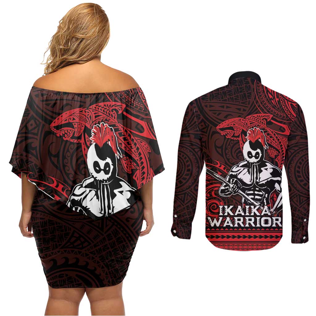Hawaii Ikaika Warrior Couples Matching Off Shoulder Short Dress and Long Sleeve Button Shirt Hawaiian Tribal Tattoo