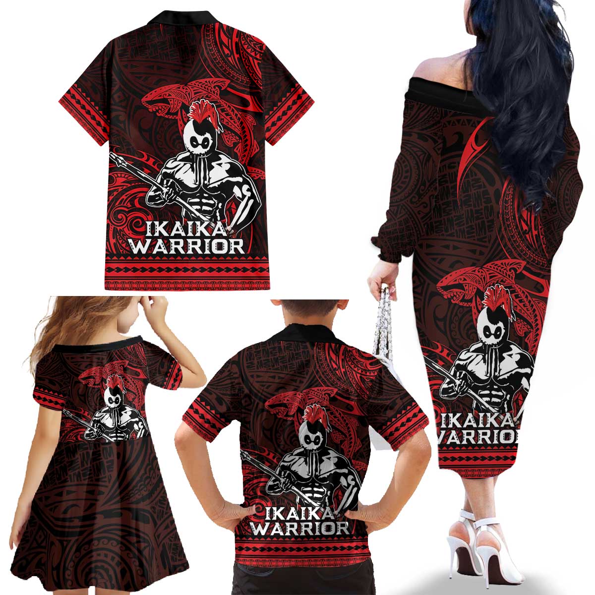 Hawaii Ikaika Warrior Family Matching Off The Shoulder Long Sleeve Dress and Hawaiian Shirt Hawaiian Tribal Tattoo