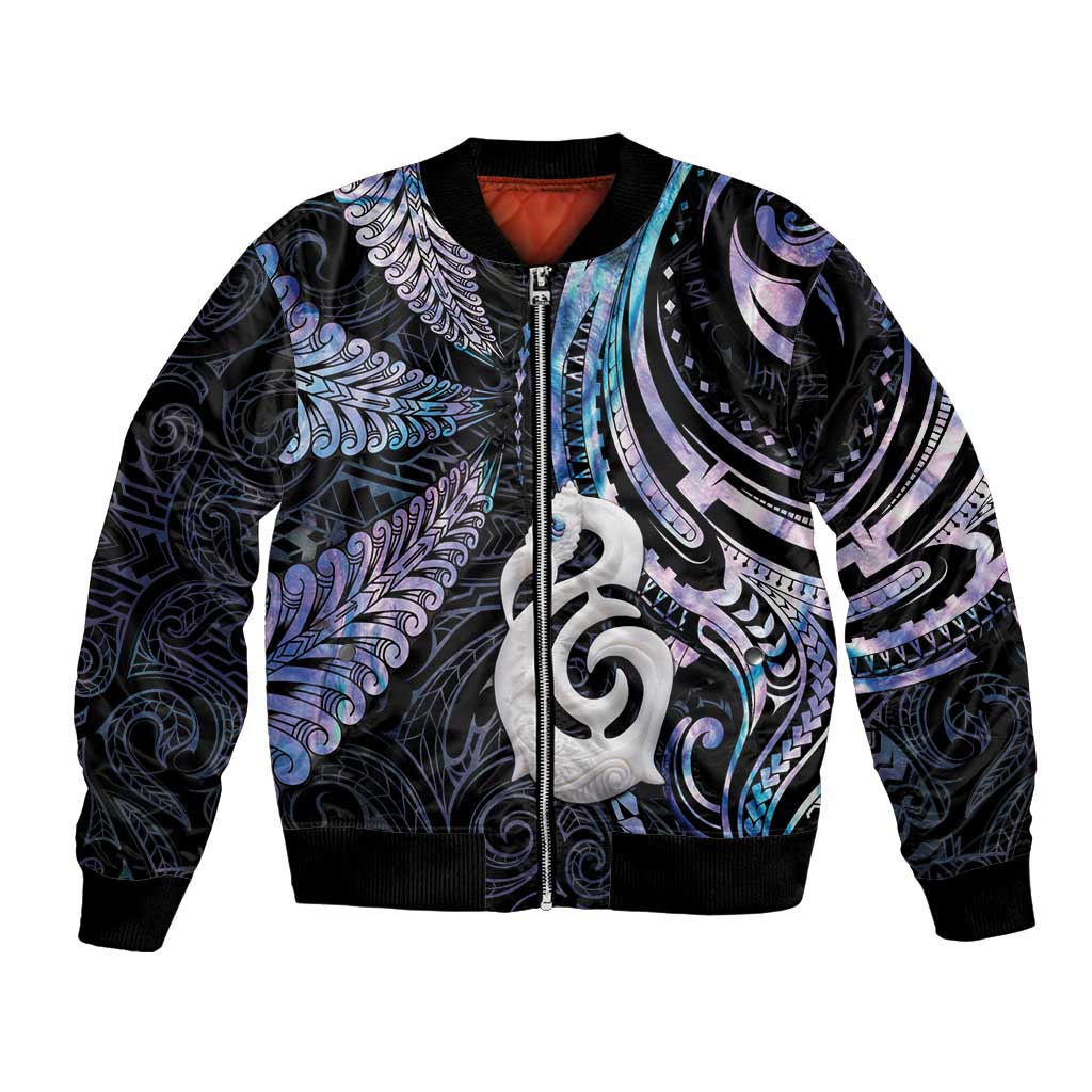 New Zealand Aotearoa Bomber Jacket Maori Hei Manaia Purple Paua Shell