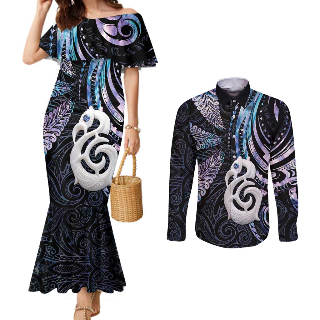 New Zealand Aotearoa Couples Matching Mermaid Dress and Long Sleeve Button Shirt Maori Hei Manaia Purple Paua Shell DT04 Purple - Polynesian Pride