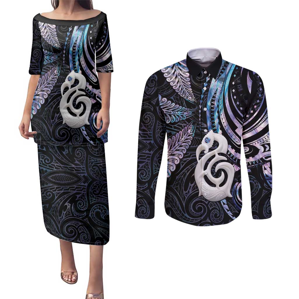 New Zealand Aotearoa Couples Matching Puletasi and Long Sleeve Button Shirt Maori Hei Manaia Purple Paua Shell DT04 Purple - Polynesian Pride
