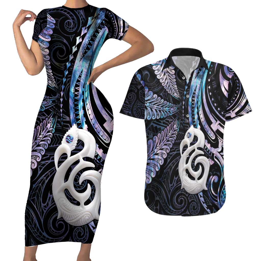 New Zealand Aotearoa Couples Matching Short Sleeve Bodycon Dress and Hawaiian Shirt Maori Hei Manaia Purple Paua Shell DT04 Purple - Polynesian Pride