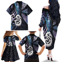New Zealand Aotearoa Family Matching Off The Shoulder Long Sleeve Dress and Hawaiian Shirt Maori Hei Manaia Purple Paua Shell